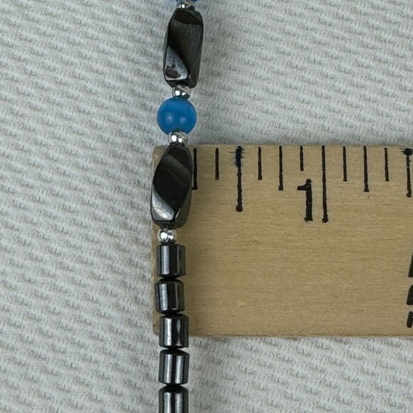 Hematite and Blue Beaded Necklace With Barrel Clasp Unisex 18 Inches Long - Picture 6 of 9